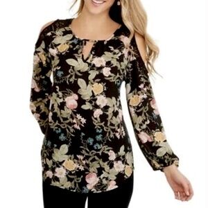 Faded Glory Sexy Cold Shoulder Floral Black Powder Pink Blue Flower Blouse Top